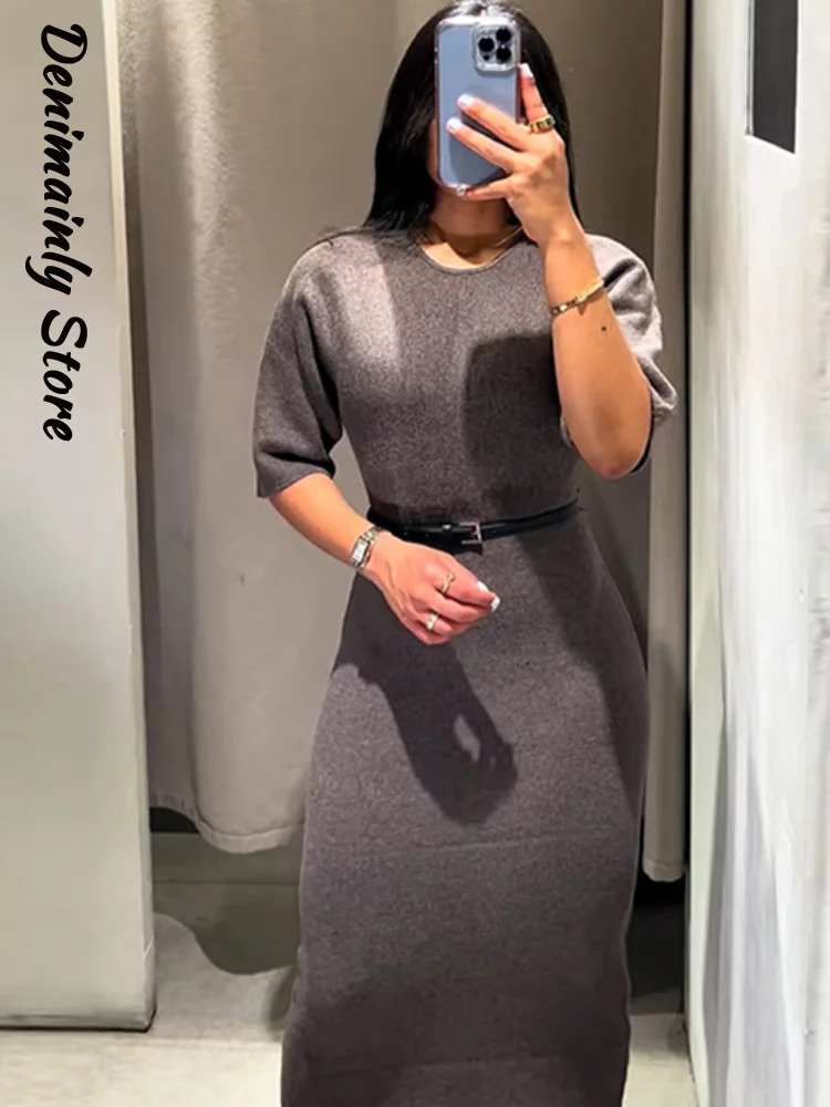 

Элегантное облегающее длинное платье с поясом «рыбий хвост» женское однотонное платье макси с круглым вырезом и половиной рукава 2025 зимнее женское повседневное платье новое