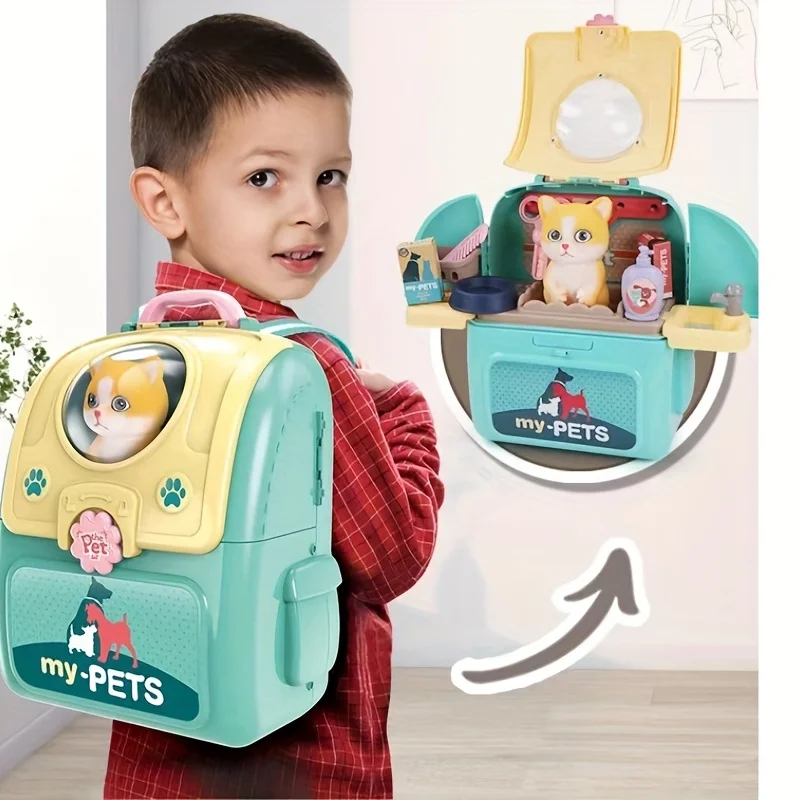 Ensemble de jeu de soins pour animaux de compagnie, Kit de médecin pour enfants, jeu de simulation de médecin, jouets de toilettage pour chiens, chiot, porte-chien, sac à dos d'alimentation pour chiens
