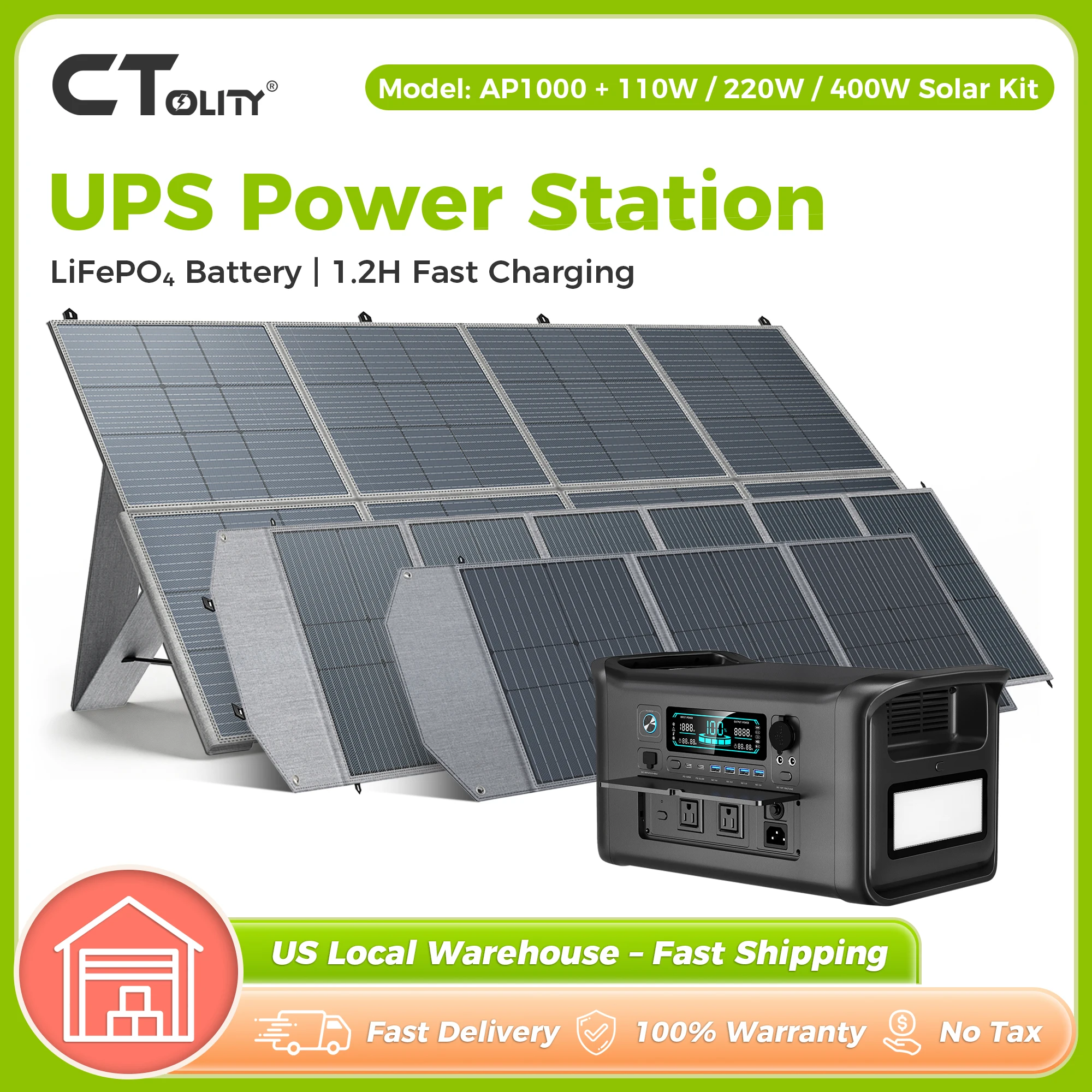 CTOLITY 1800W Portable Power Station with 1024Wh LiFePo4 Battery 110W 220W 400W Solar Panel Compatible with Camping Equipment