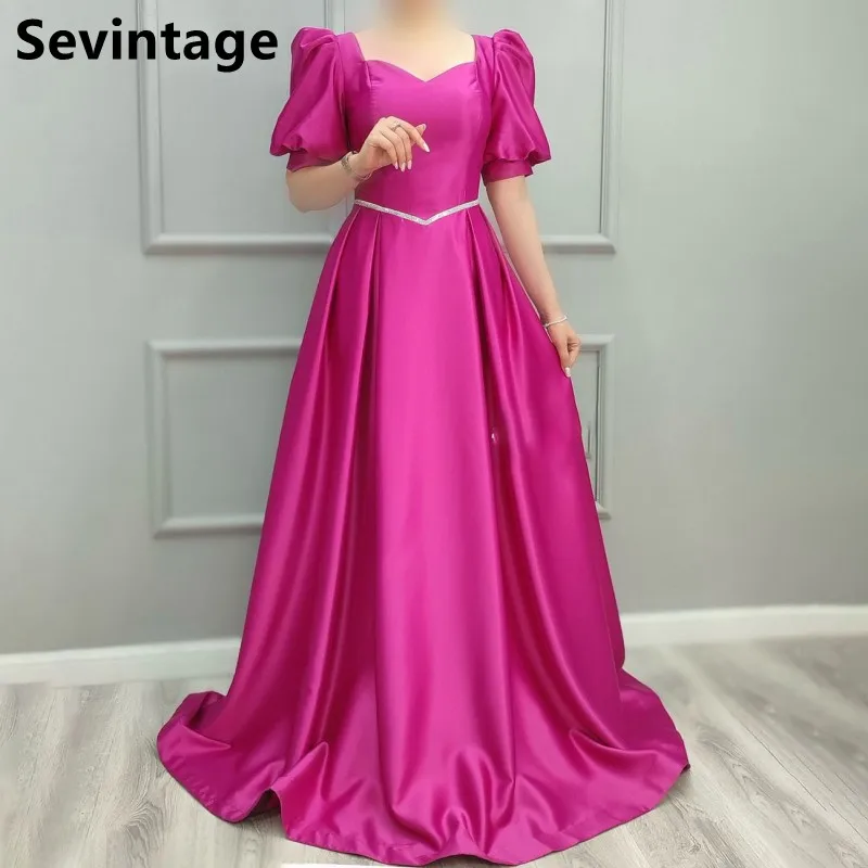 

Sevintage 2025 Fuchsia Satin A Line Evening Dress Custom Made Short Sleeve Prom Gown Wedding Party Dress Vestidos