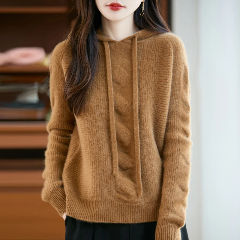 

Утолщенная толстовка с капюшоном из 100% мериносовой шерсти, свитер с капюшоном, осенне-зимняя женская одежда, модный пуловер для отдыха для женщин