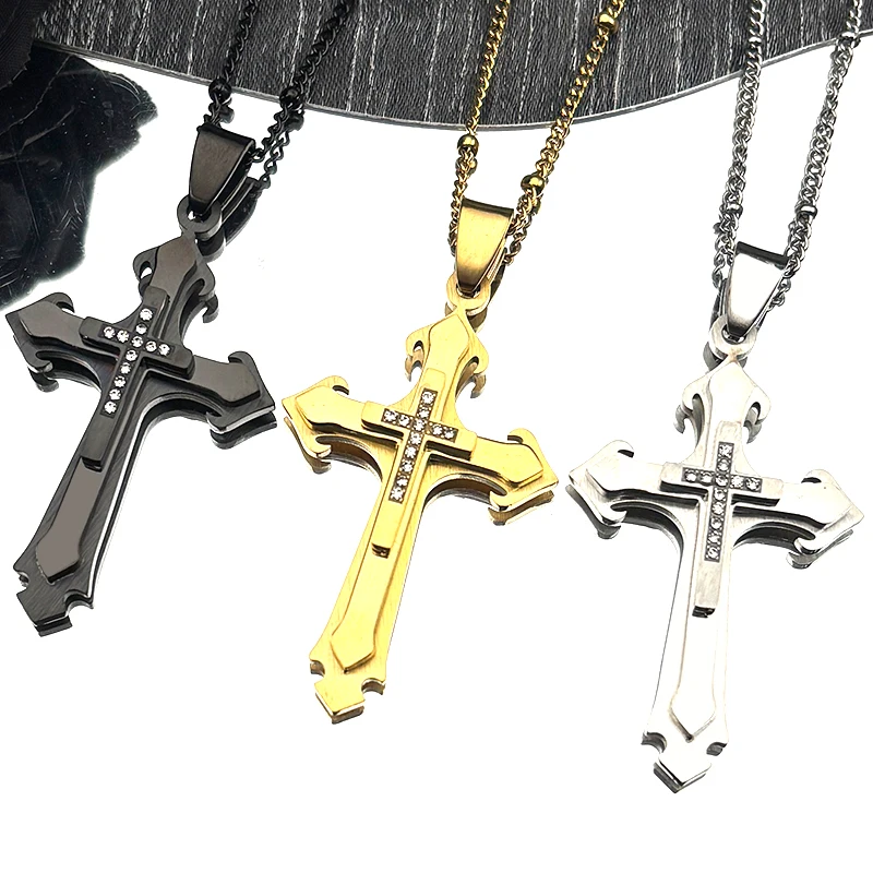 

Christian Rhinestones Multi-layer Cross Pendant Necklace for Woman Men Stainless Steel Gold Silver Color Chain Jewelry Gifts