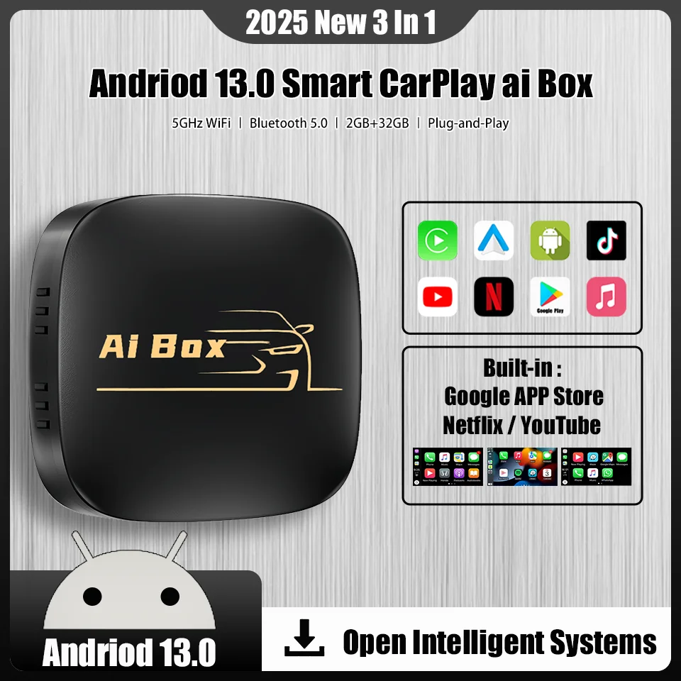 

New Android13 Ai Box Wired to Wireless Apple CarPlay Andriod Auto 3in1 Multimedia Box Built-in Netflix YouTube Google APP Store