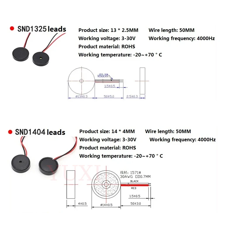YUXI 1PCS 1325/1404/1744/2320 Lead Buzzer Piezoelectric Passive AC Low Power Frequency 4000HZ view 6