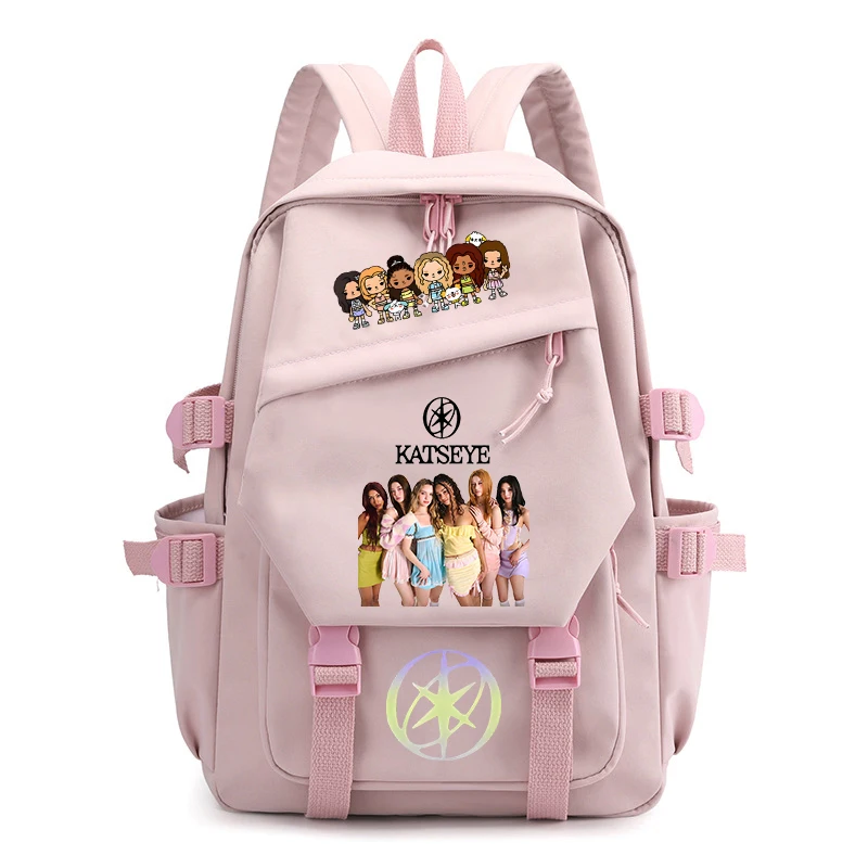 Y2K Women Backpacks Katseye Kpop Printed Multi-Pocket Nylon School Backpack for Student Girls Kawaii Laptop Book Pack Mochila