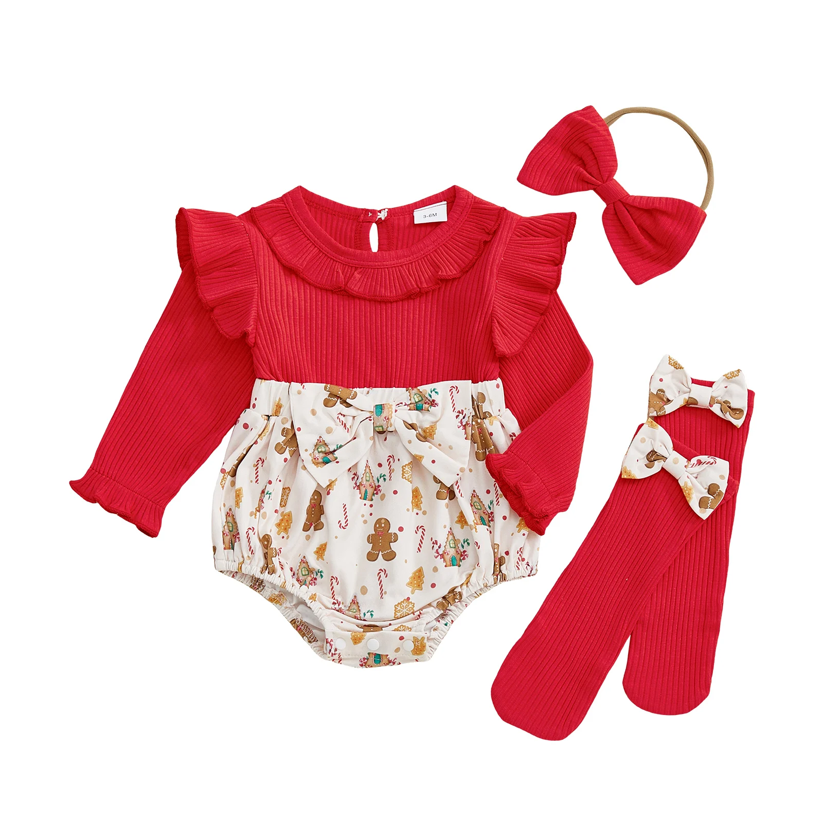 

Baby Girl Christmas Outfit Gingerbread Candy Cane Print Ruffle Trim Long Sleeve Romper Bow Headband Stockings