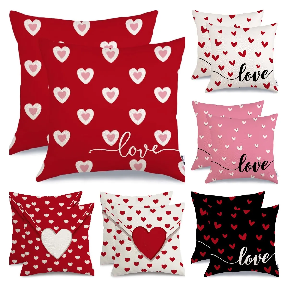 Love Valentines Day Pillow Covers 18x18 Inch Set of 2 Red Hearts Farmhouse Decorative Throw Pillowcases for Home Sofa Couch