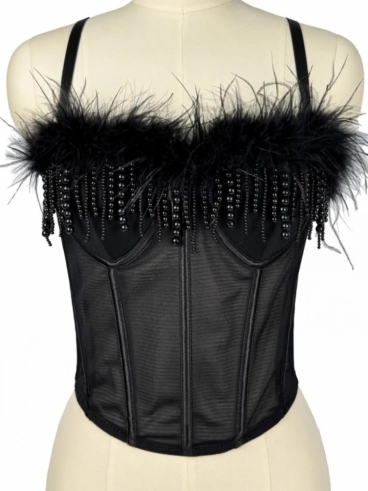 

Лето 2026, женский обтягивающий корсет с жемчужными перьями, без рукавов, без бретелек, уличный модный жилет, бюстгальтер пуш-ап, корсет с рыбьей косточкой