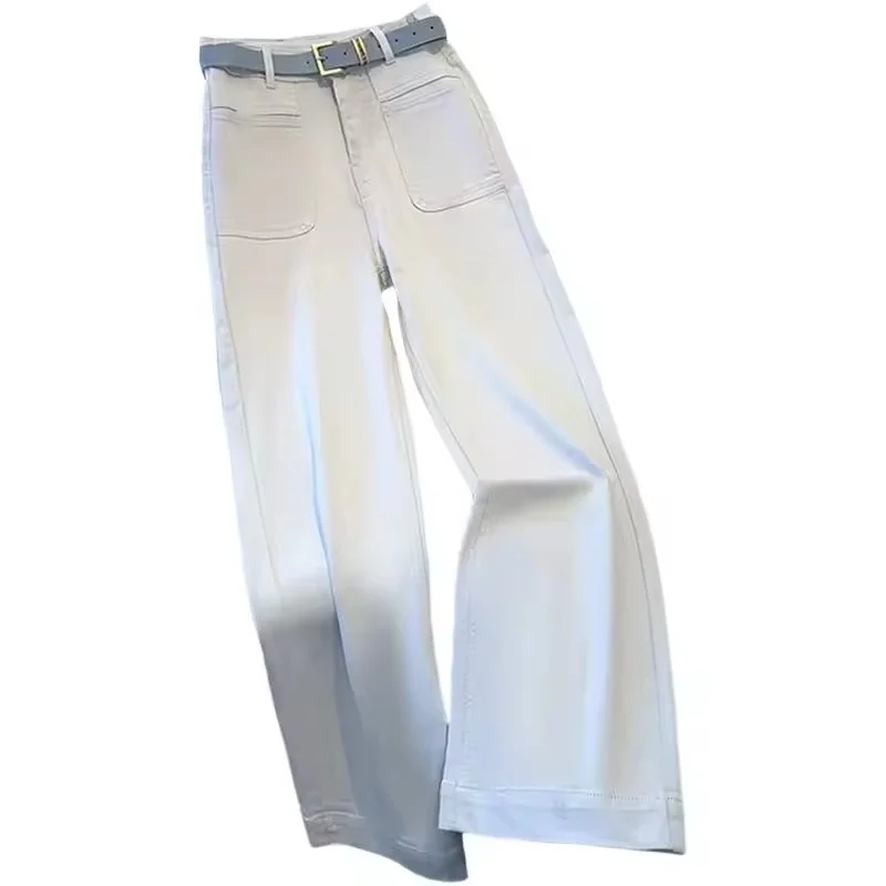 الخريف رمادي فاتح واسعة الساق الجينز المرأة عالية الخصر السراويل المستقيمة الإناث فضفاضة عادية أنيقة كل مباراة السيدات كاوبوي بنطلون