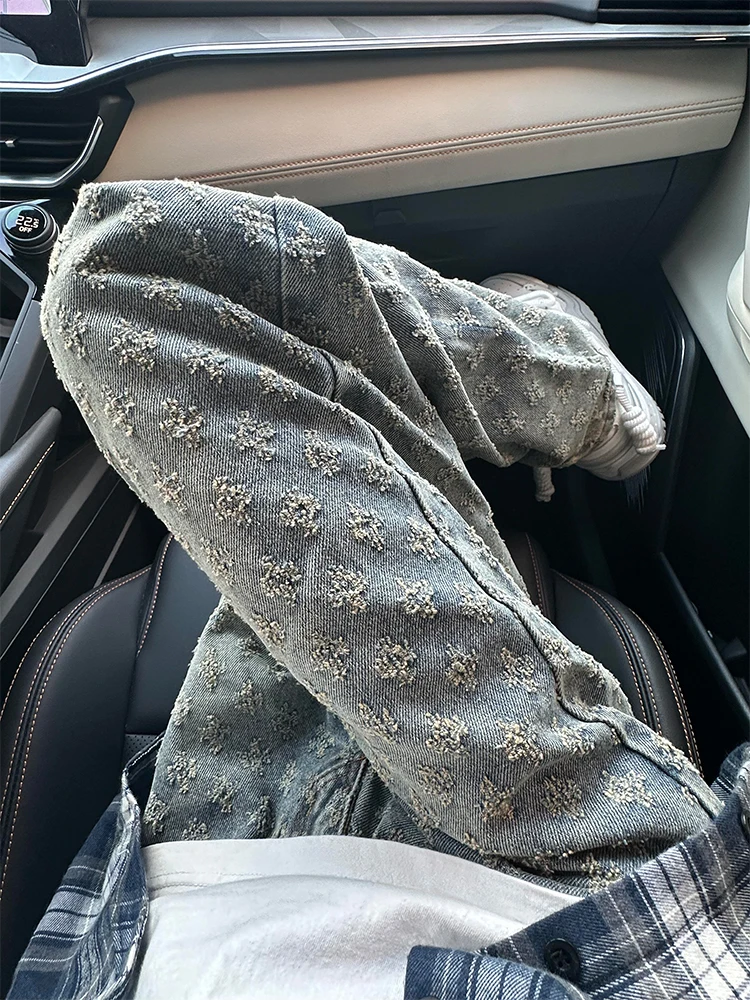 

Мужские джинсы в американском уличном стиле, осенние, модные, брендовые, с вышивкой и принтом, ретро, прямые, слегка расклешенные