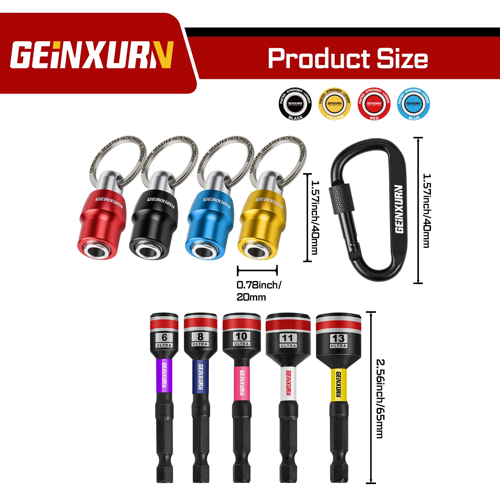 Geinxurn Round-Hole Keyring Set, with 2.56Inch Nut Driver Bit, 1/4