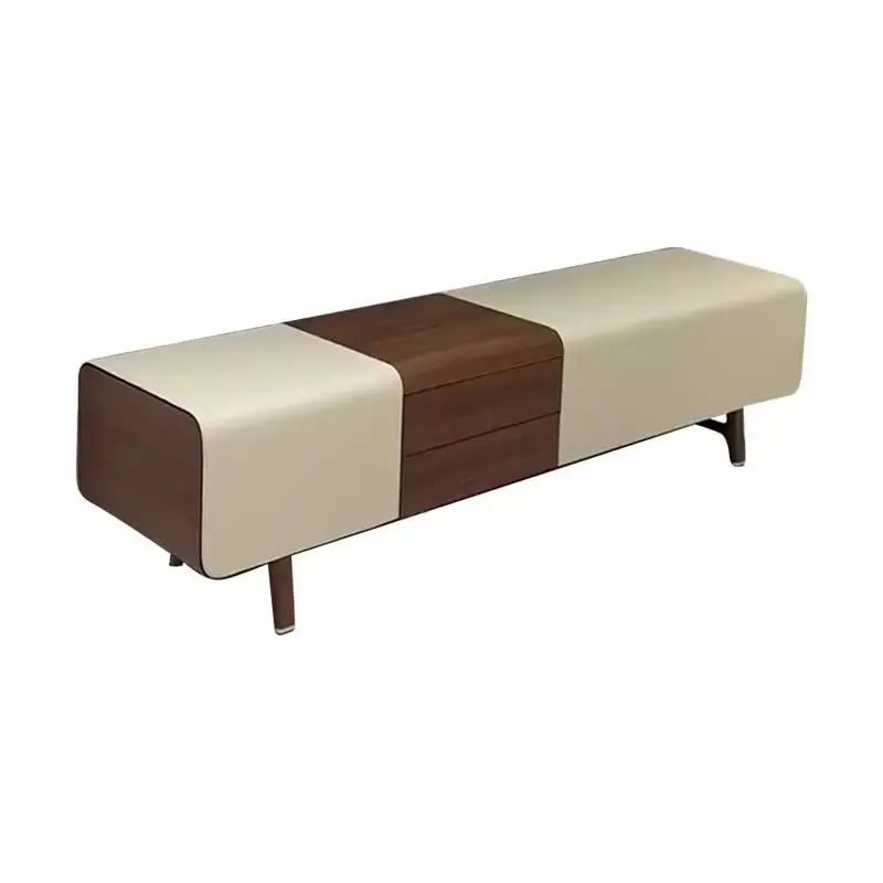 

Light luxury solid wood leather art bedside stool household simple sofa bench