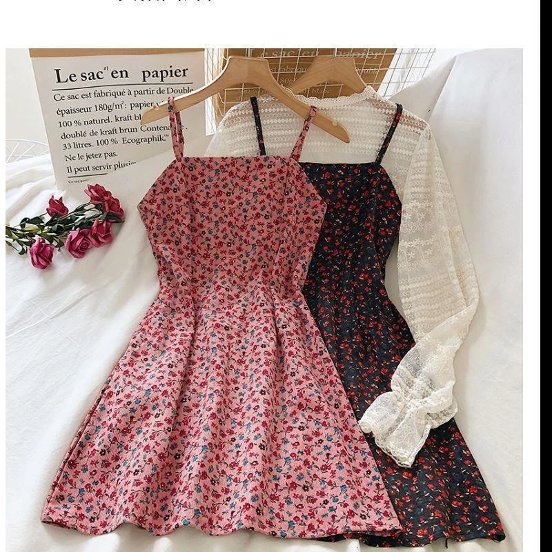 

Summer 2023 Retro Print Mini Open Back Dress Women's High Waist Slim Loose Fragmented Flower Strap Casual Suspenders Dresses