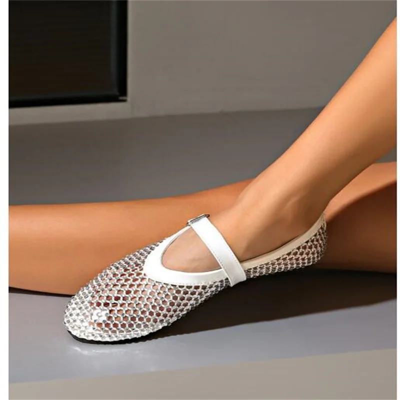 高級クリスタルラインストーン網タイツバレエフラット女性ブランドデザインリベットメッシュメリージェーンシューズレディースサマーローファープラスサイズ-42