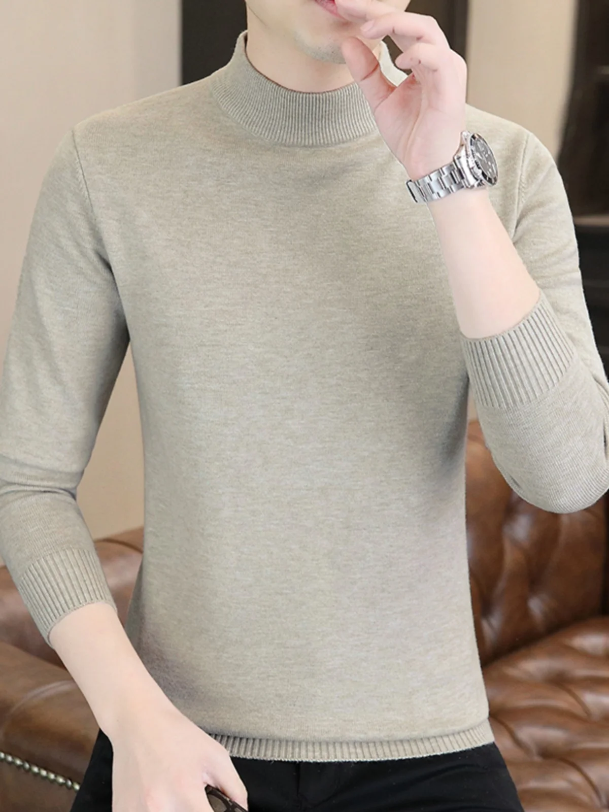 

Men's Pure Color Knitted Sweater Slim Fit Casual Sle f High Collar Thin Busin Casual Versatile Mid-Ne Woolen irt