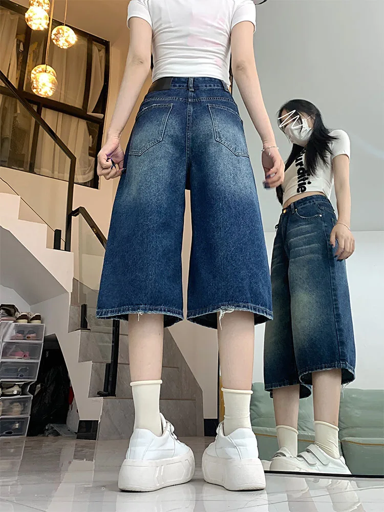 Pantaloni a vita alta in denim vestibilità ampia da donna American Sle Summer Faion plus Size Pantaloni a gamba larga da sette piedi