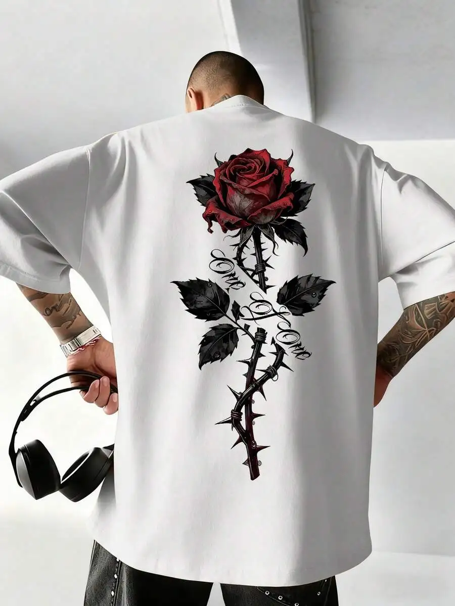 Men's Street Goth Rose Print Short Sleeve T-Shirt, Suitable For Summer, Comfortable & Breathable, Leading Fashion