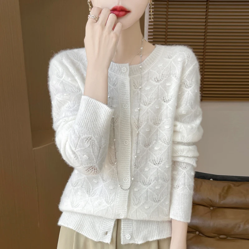New Spring Autumn 100% Pure Wool Cardigan Women\'s Round Neck Hollow Jacquard Long Sleeved Knitted Jacket Sweater Loose Outer Top