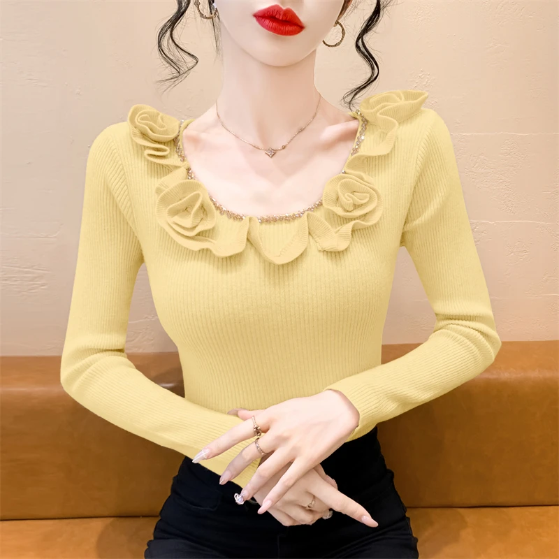 Doce emenda de madeira orelha longa sve camisola de malha feminina início do outono fino gola quadrada base irt único bonito topo