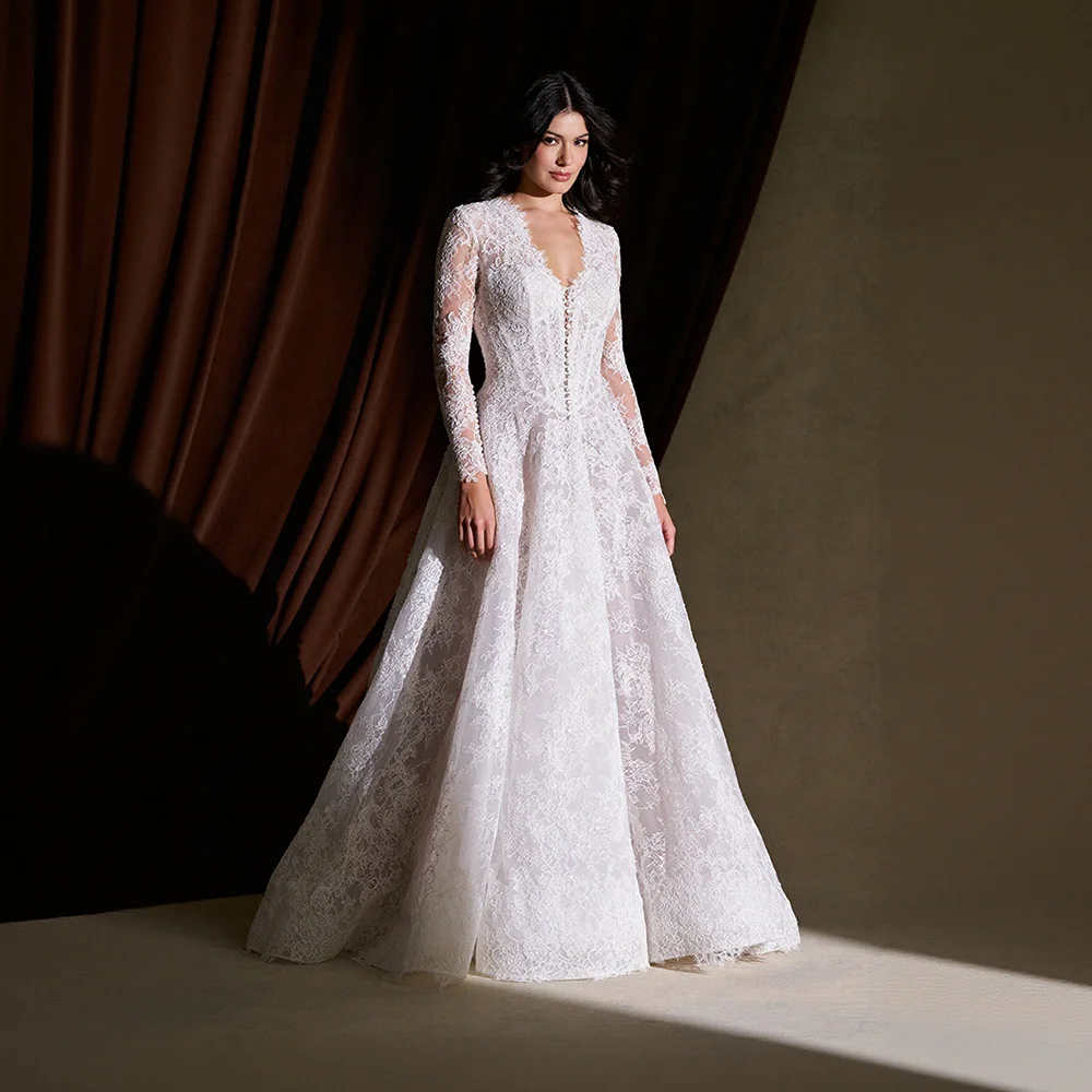 Vintage Lace Wedding Dress For Plus Size Bride V-Neck Full Sleeve Backless Tulle robe de mariée A-Line Bride Gowns Customized