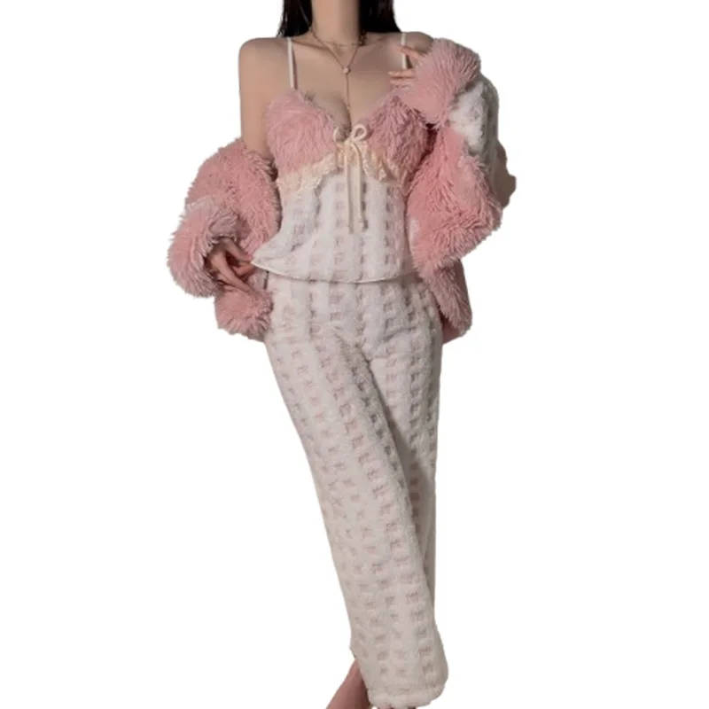 

Sexy Lingerie Women Babydoll Pajamas Set Lace Plush Robe Long Sleeve Pants Thermal Winter Sleepwear Homewear Outfit Sexy Costume