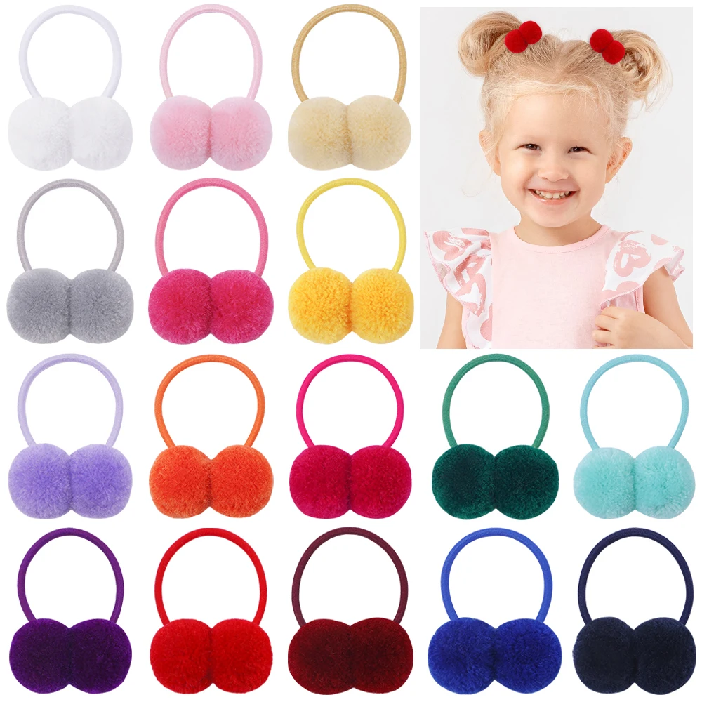 2Pcs Girls Scrunchies Double Plush Ball Hair Bands Set For Baby Kids Bobbles Elastic Hair Ropes Hair Accessories Wholesale