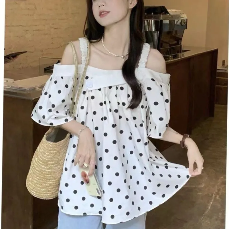 2024 Women's Summer Fashion New Sexy One Line Neck Polka Point Off Shoulder Short Style Elegance Versatile Strap Chiffon Tops