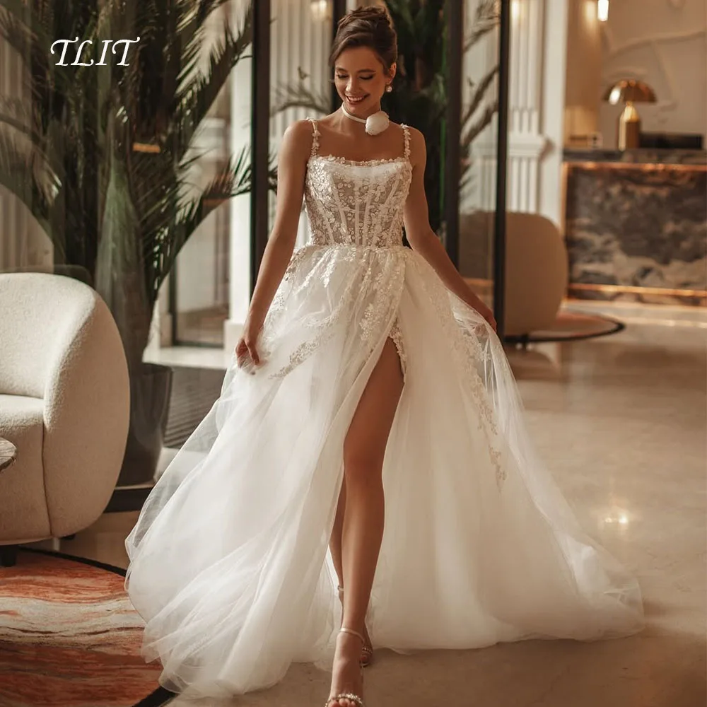 TLIT Роскошные кружевные свадебные платья трапециевидной формы на заказ без бретелек فساتين زفاف Свадебные платья с аппликациями и цветами с высоким разрезом