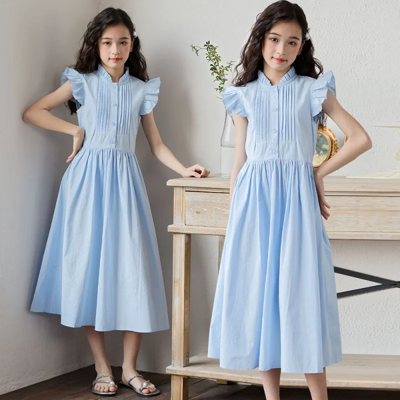 New children's clothing, girls' dress, spring/summer style, stylish children's princess dress with small flutter sleeves and che