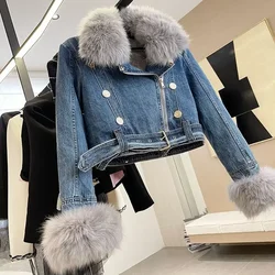 Denim Fur Long Sleeve Coat Women 2024 Winter Velvet Loose All-match Lace-up with Belt Jackets Korean Chic Lapel Female Parkas