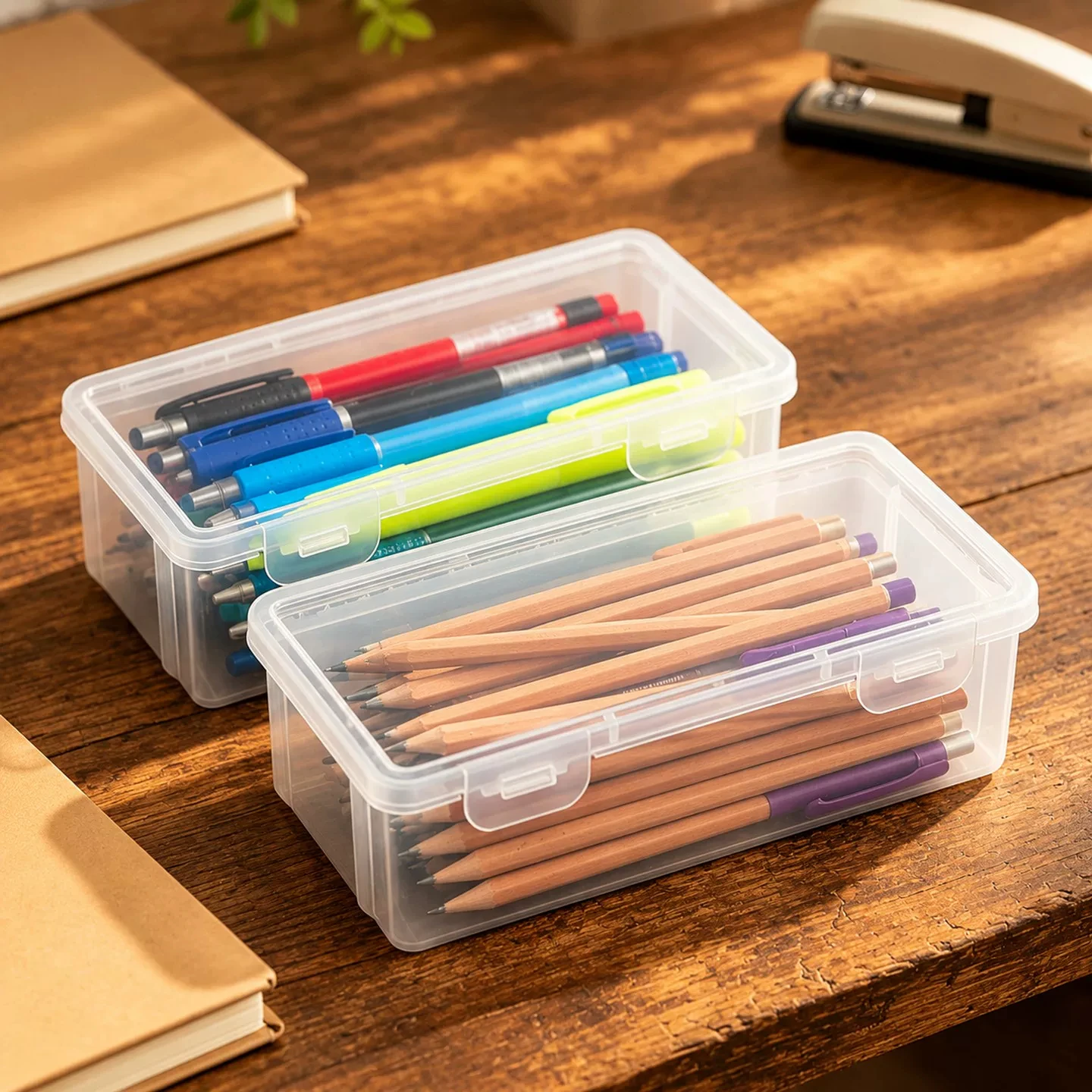 2/4Pcs Clear Plastic Storage Box With Lid Large Transparent Pencil Case Container Office Desktop Jewelry Small Items Organizer