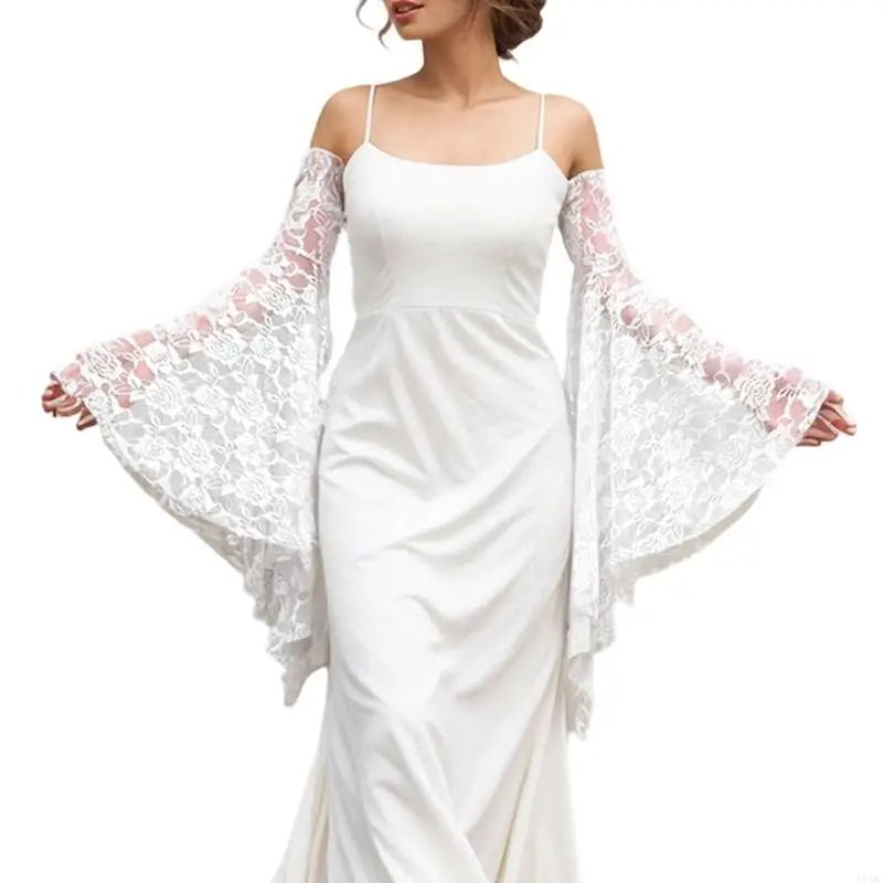 Eleganti coperture per braccio maniche a pizzo svasato lungo per donne abiti da sposa e feste serali che raccolgono donne