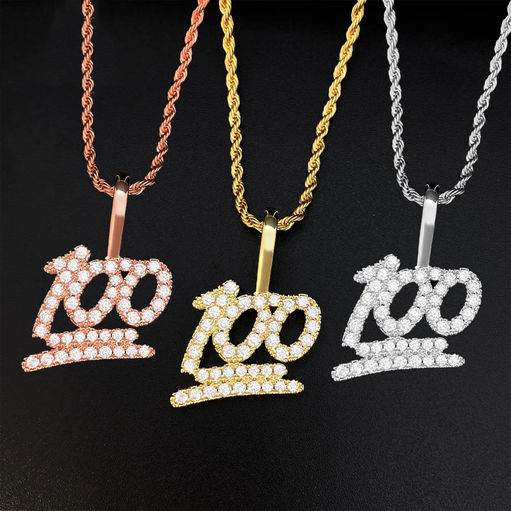 

Hiphop Iced Zircon 100 Number Pendant Women Men Ins Jewelry 16K Gold Plated Rock Bling Pendant Necklace Wholesale Dropshipping