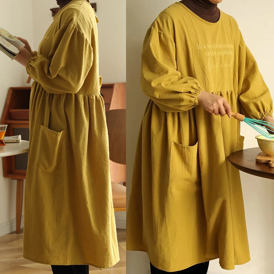 Plus Size Embroidery Women's Kitchen Apron Smock with Pocket Long-sleeved Widened Large Cotton Apron for Baking Cooking Cleaning