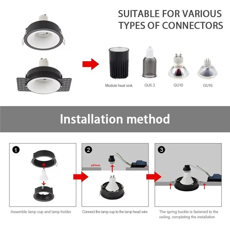 WORTHOWN-Round Frameless Recessed LED Ceiling Downlight Fitting MR16 Bulb Holder Spot Light Adjustable Frame B