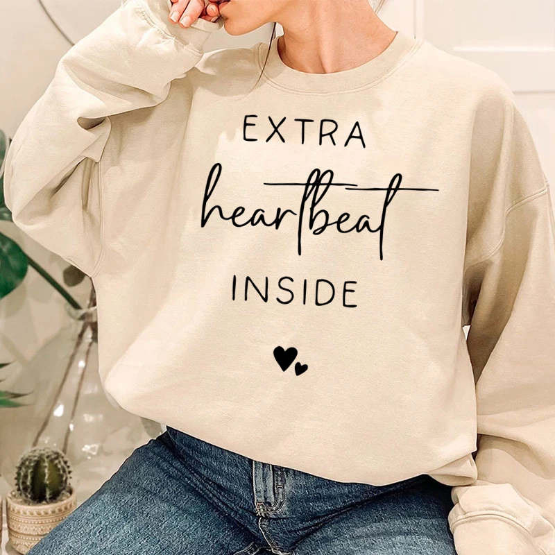

Extra Heartbeat Inside Letter Print Crew Neck Sweatshirt Ladies Funny Casual Loose Long Sleeve Print Pullovers Cool Women Tops