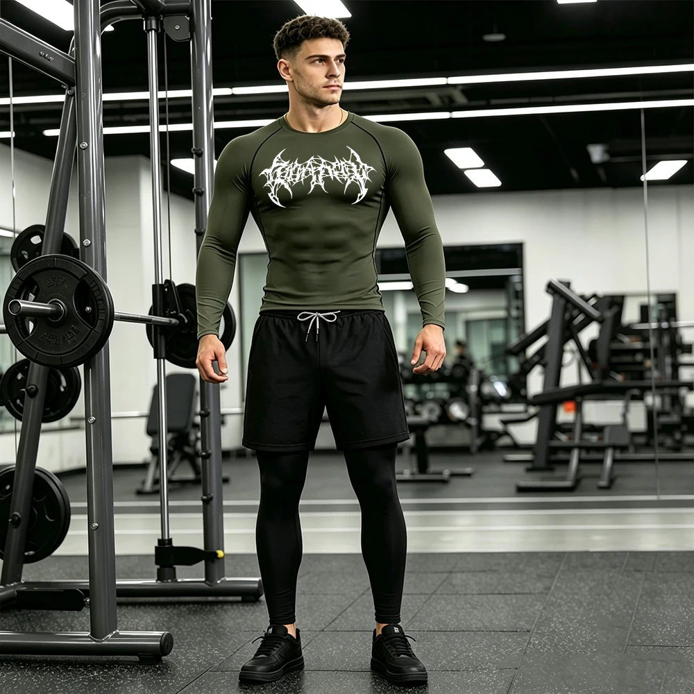 Men Athletic Set Compression Long Sleeve T‑Shirt Skeleton Wings Print + Double Layer Leggings Pants and Shorts for Running Suit