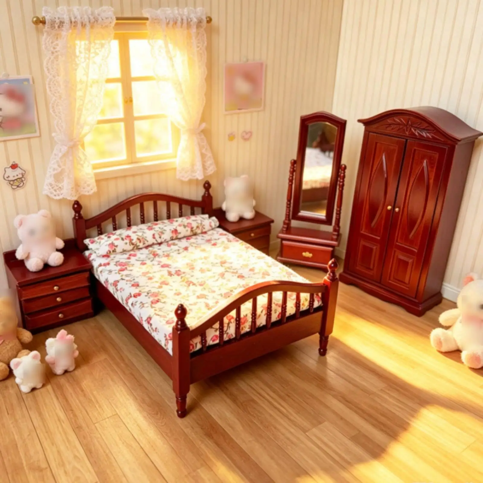 5 Pieces Dollhouse Bedroom Set Wooden Miniature Bedroom Furniture Carved