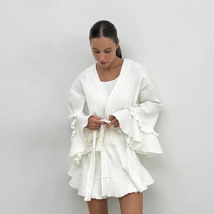 2025 Autumn New Arrival Solid Color Knitted Striped Cotton and Ruffled Nightgown Women's Home Clothes Set