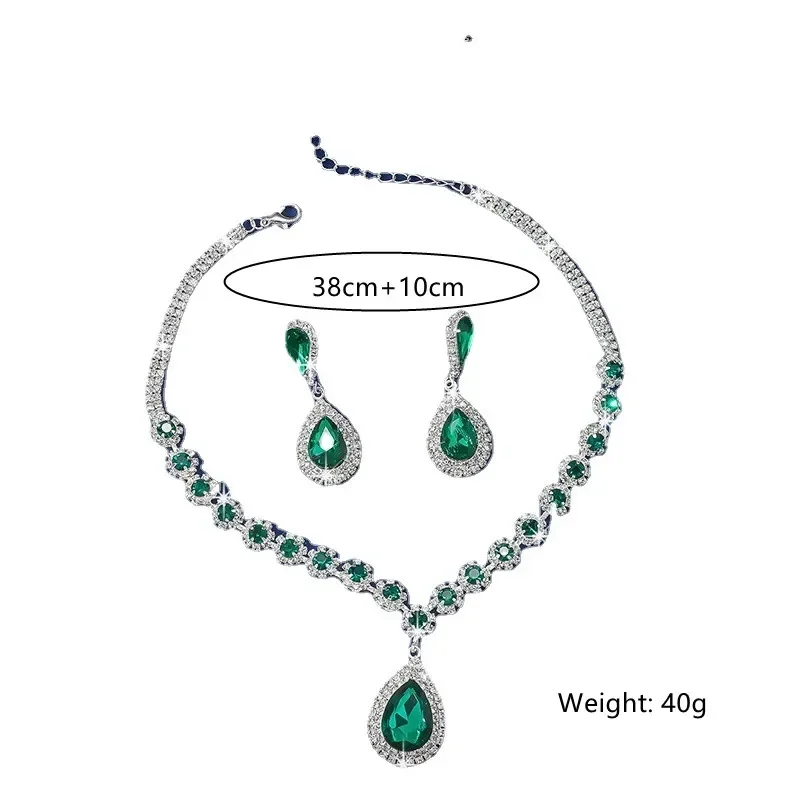 FYUAN Luxury Red Green Blue Black Pink Crystal Necklace Earrings For Women Water Drop Pendant Wedding Bride Jewelry Sets