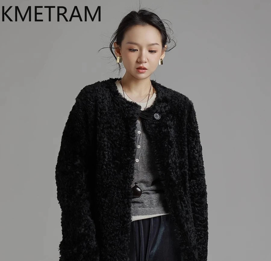 KMETRAM 100% Natural Lacon Wool Sheepskin Fur Coat Woman Black Jacket Luxurious Autumn-Winter Simple Clothing 2025 шуба женская
