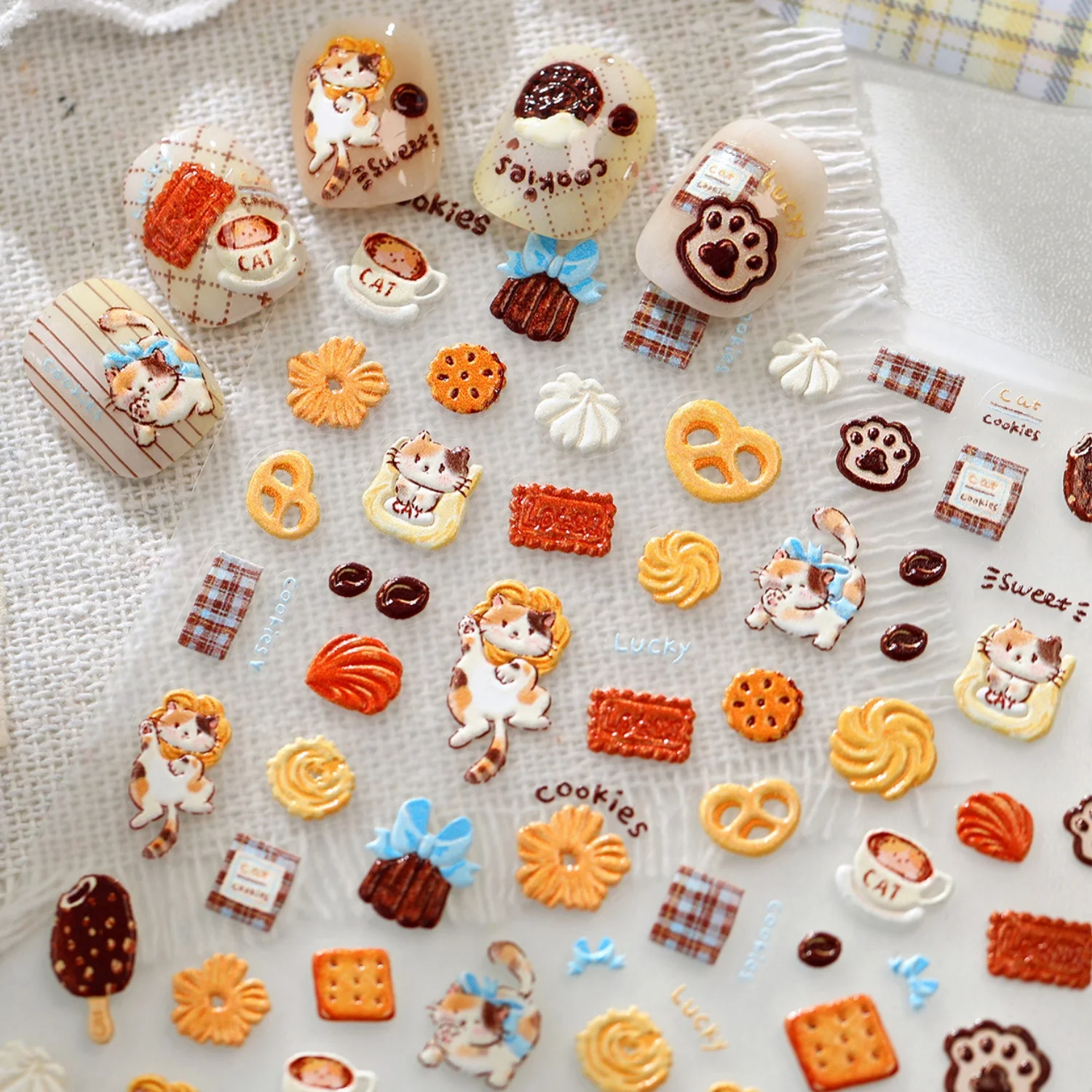 Orange Cat  5D Cute Tabby Cat Cookie Chocolate Ice Cream Plaid Towel Cup Paw Print Nail Stickers Self Adhesive Decal Manicure