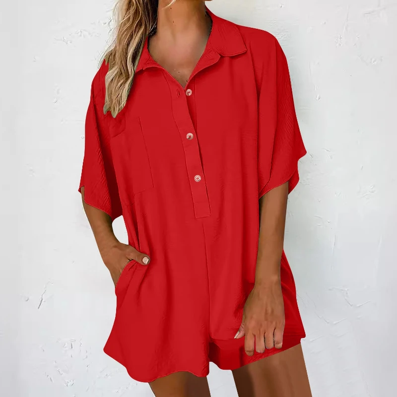 

2025 женский комбинезон с лацканами, повседневный комбинезон с короткими рукавами, шорты на пуговицах спереди с несколькими карманами выше колена