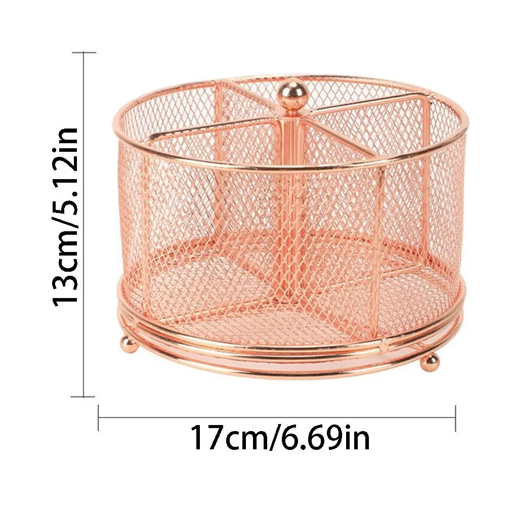 Metal 360° Rotating Mesh Pencil Holder 4 Compartments Creative Makeup Brush Storage Bucket Hollowed-out Multi-Purpose