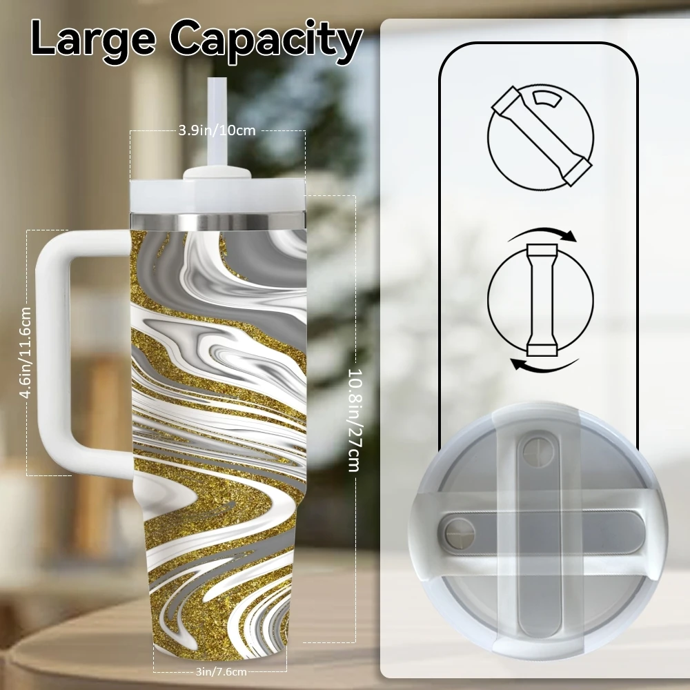 Abstract Golden Marble Vacuum Flasks 40oz Stainless Steel Vacuum Insulated Tumbler with Straw Leak Resistant Travel Mug
