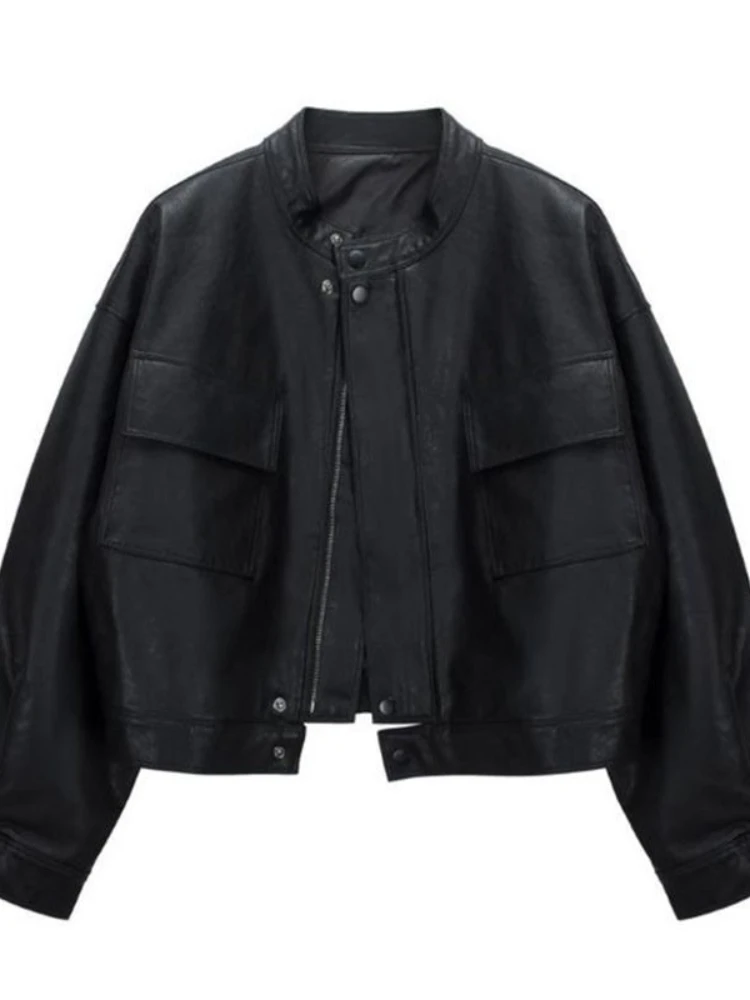 

Black Pocket Zipper Leather Jacket Women Vintage Casual Loose Leather Jacket Female Korea Summer Streetwear Moto Leather Jacket
