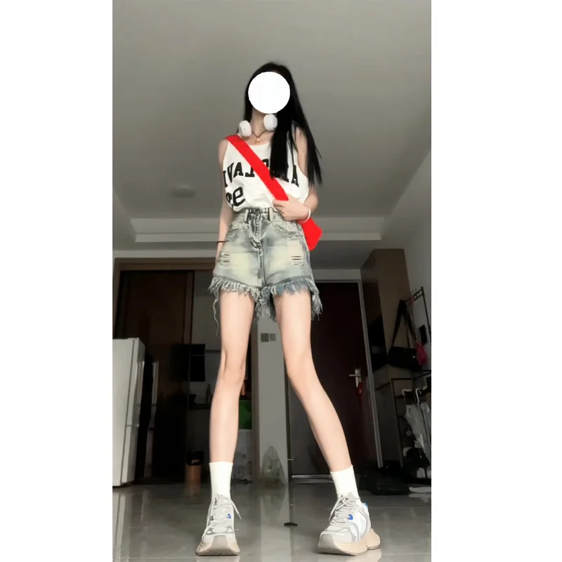 

Женские джинсовые шорты трапециевидной формы с высокой талией, летние модные уличные джинсы с потертостями по краю для девочек