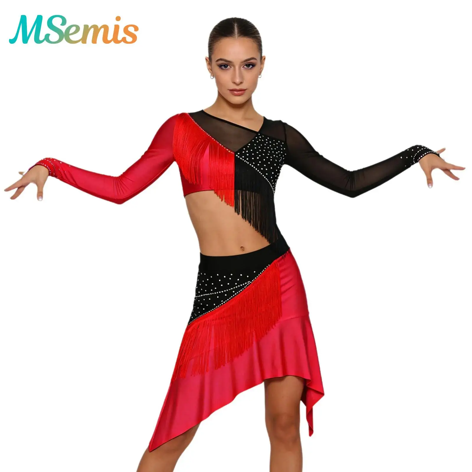 traje-feminino-para-performance-de-danca-latina-com-franjas-top-curto-com-strass-brilhantes-e-saia-com-bainha-irregular-roupas-para-danca-de-tango
