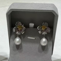 MeiBaPJ Luxurious 925 Sterling Silver Fashion Flower Stud Earrings Natural Pearl Ear Studs Fine Charm Wedding Jewelry for Women