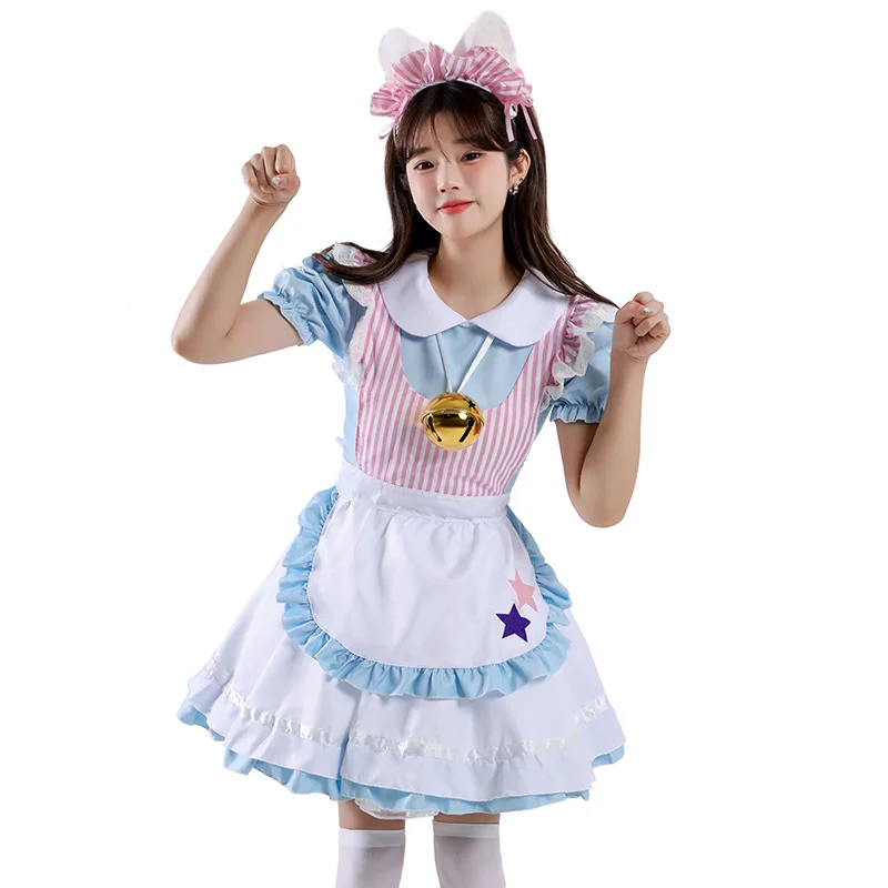 

Cute Maid Costume Pink Blue Sexy Cat Maid Dress Lolita Dress Girls Cafe Work Wear Kawaii Dress with Golden Bell Headband